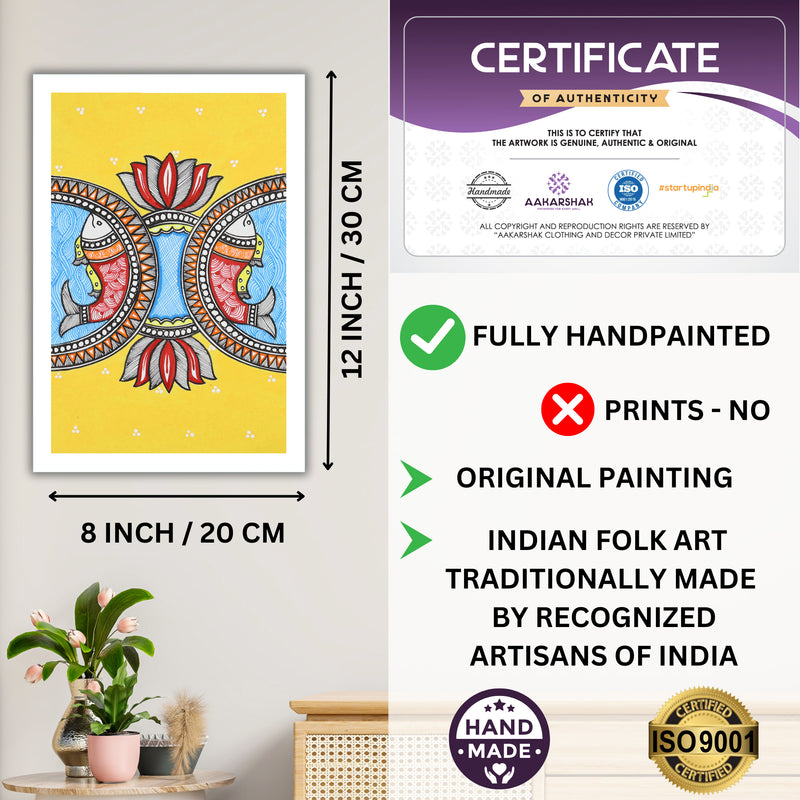 Decorative handmade art with dimensions and authenticity certificate -iso certified fish madhubani painting