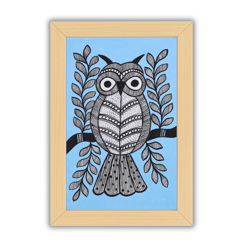 handmade madhubani painting painting owl-in vibrant traditional folk art style