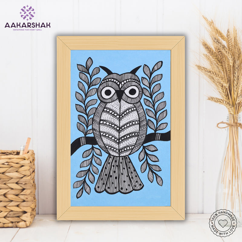 handmade madhubani painting owl painting-with tabletop stand for home decor