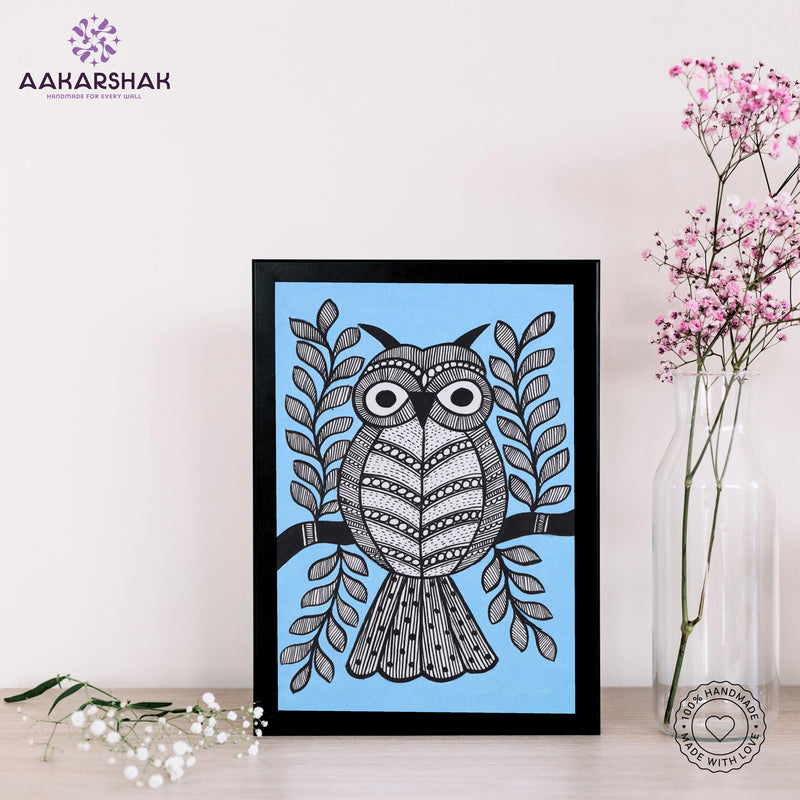 handmade madhubani painting owl painting-with tabletop stand for home decor