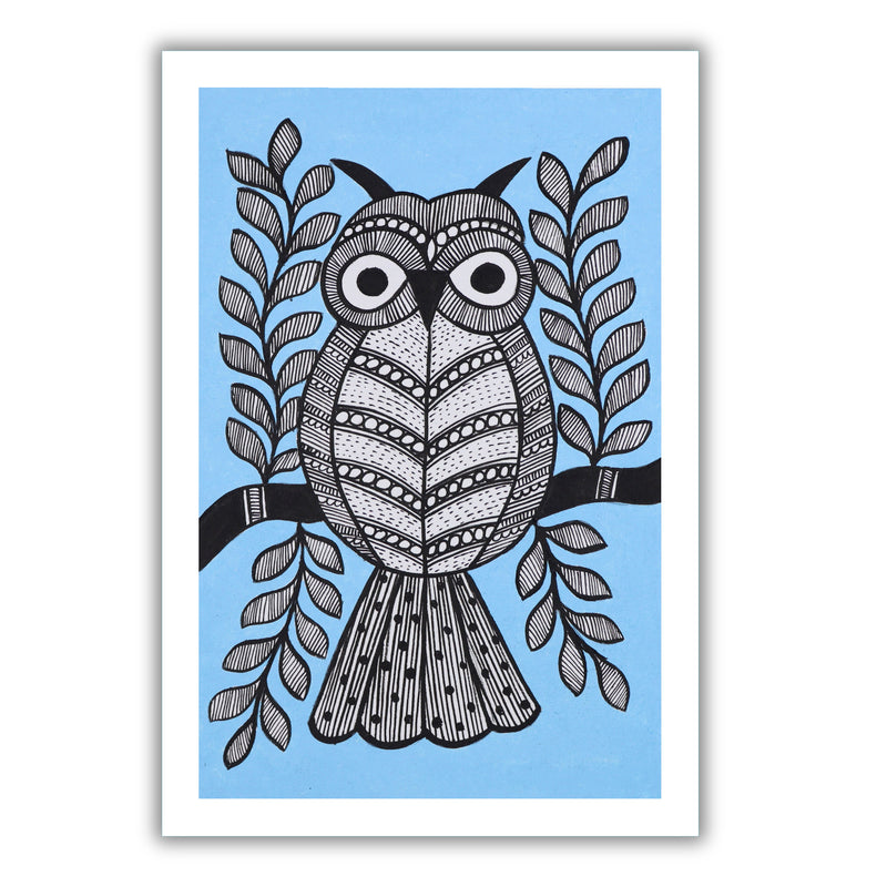 handmade madhubani painting painting owl-in vibrant traditional folk art style