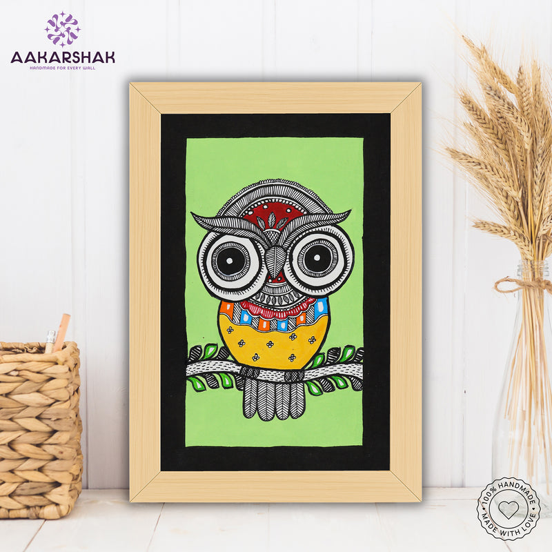 handmade madhubani painting owl painting-with tabletop stand for home decor