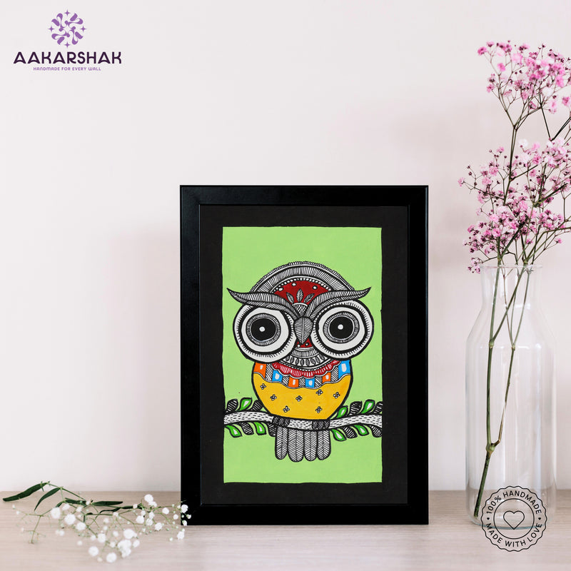 handmade madhubani painting owl painting-with tabletop stand for home decor