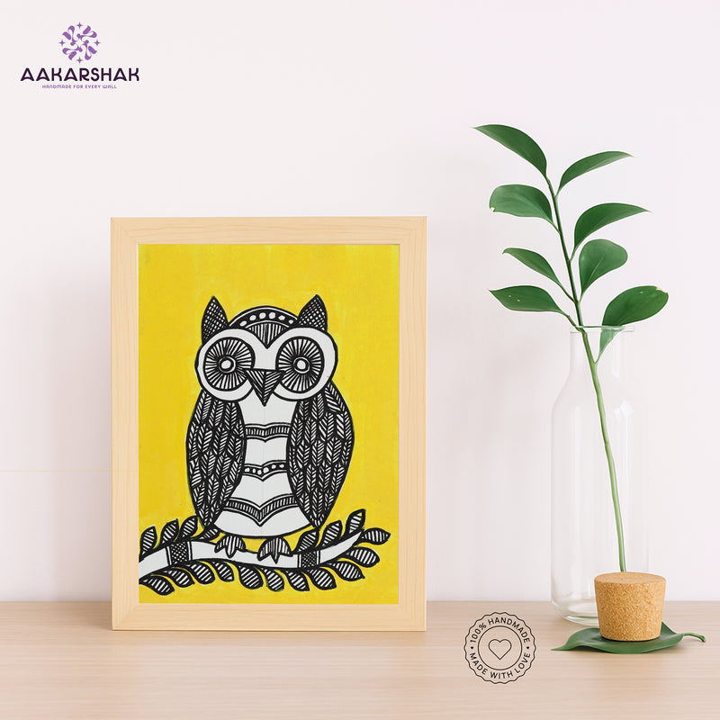 Handmade Madhubani owl painting-with tabletop stand for home decor