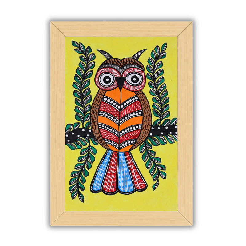 handmade madhubani painting painting owl-in vibrant traditional folk art style