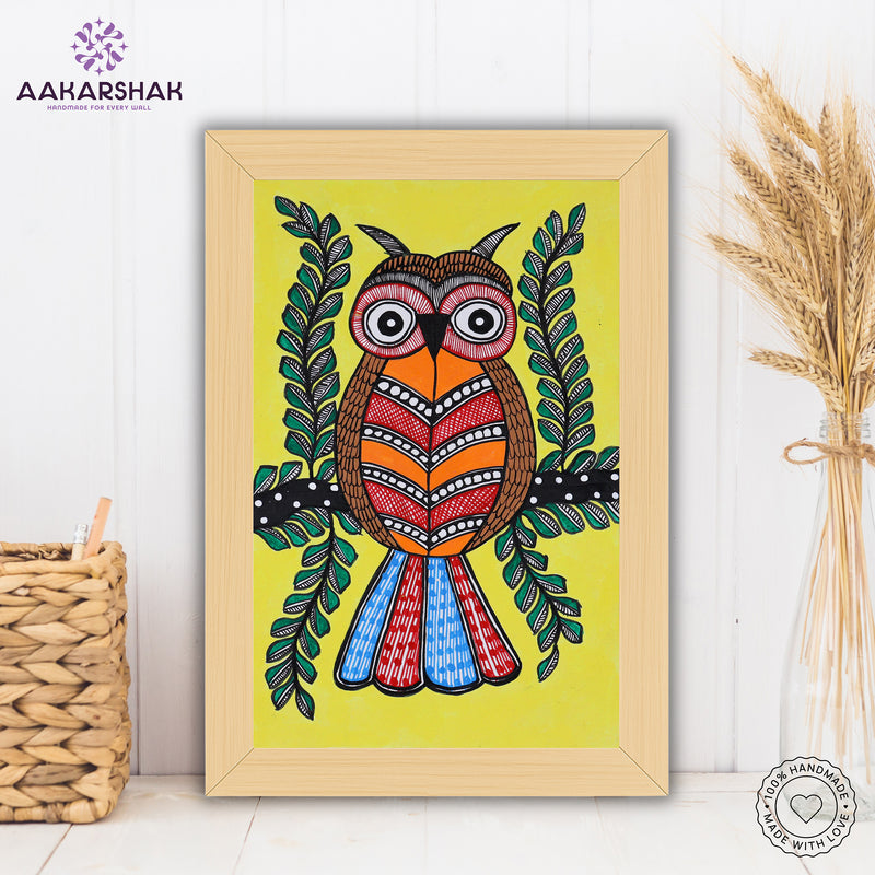 handmade madhubani painting owl painting-with tabletop stand for home decor