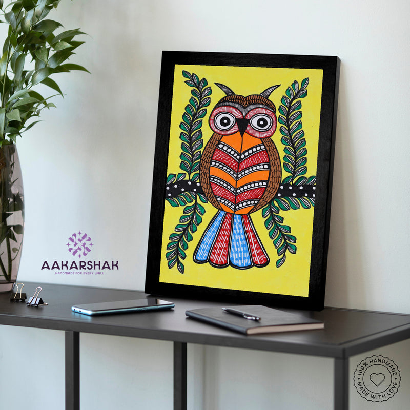 vibrant handmade owl painting-depicting indian folk traditions