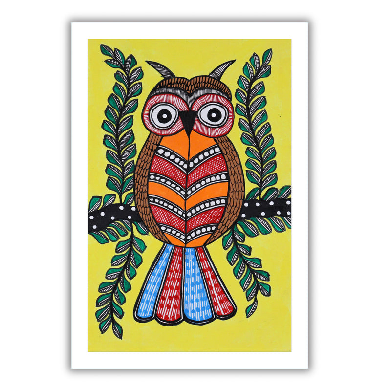 handmade madhubani painting painting owl-in vibrant traditional folk art style