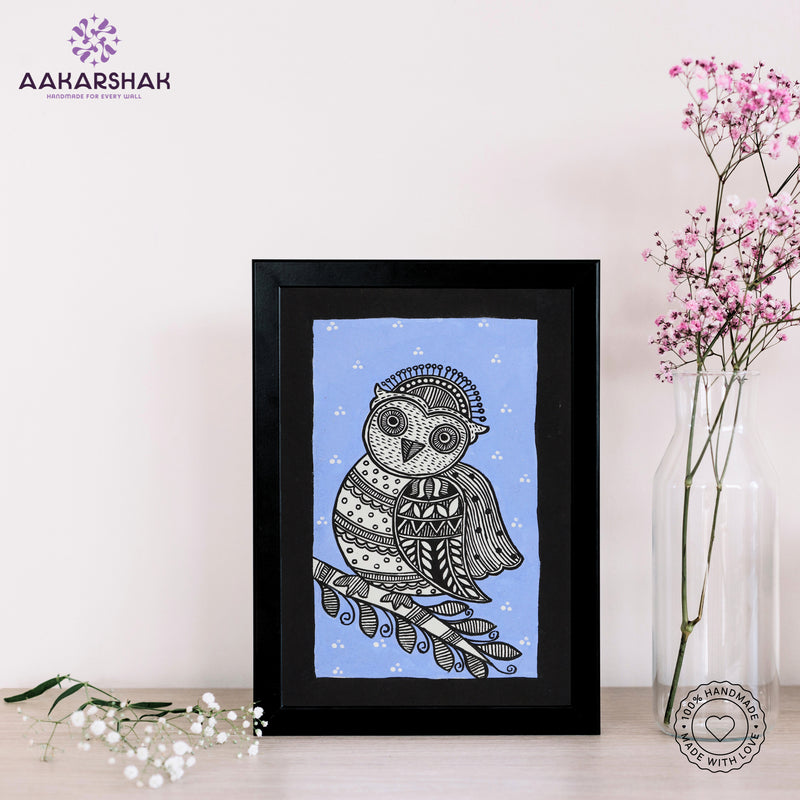 handmade madhubani painting owl painting-with tabletop stand for home decor