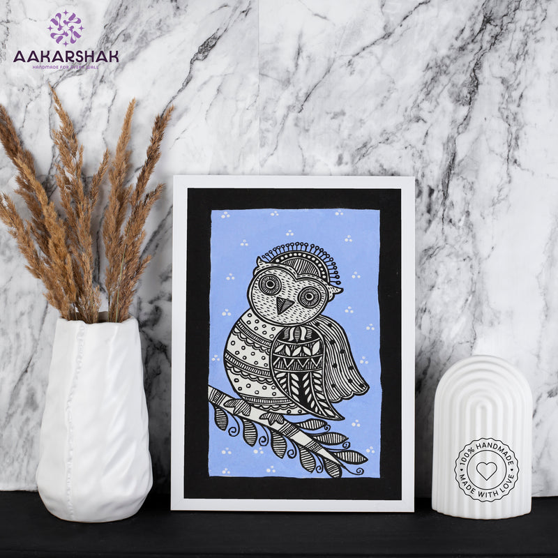 handmade madhubani painting owl painting-with tabletop stand for home decor