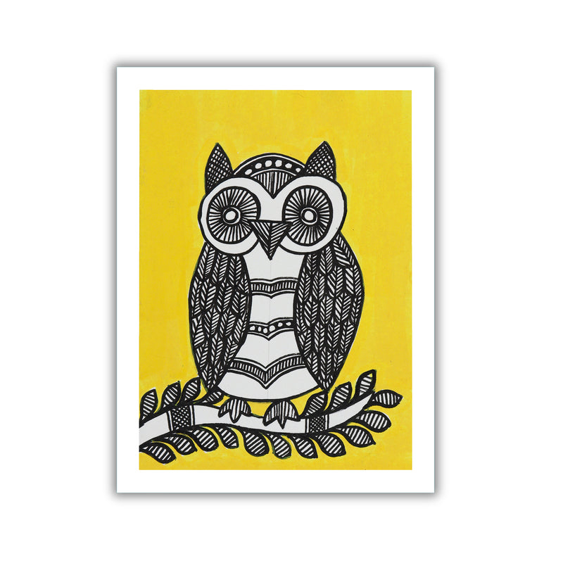 handmade madhubani painting owl-in vibrant traditional folk art style