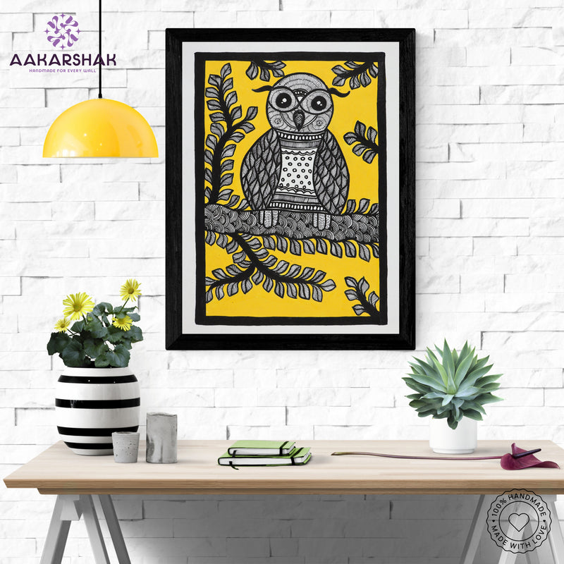 Framed artwork with owl design -handmade madhubani painting for home decor