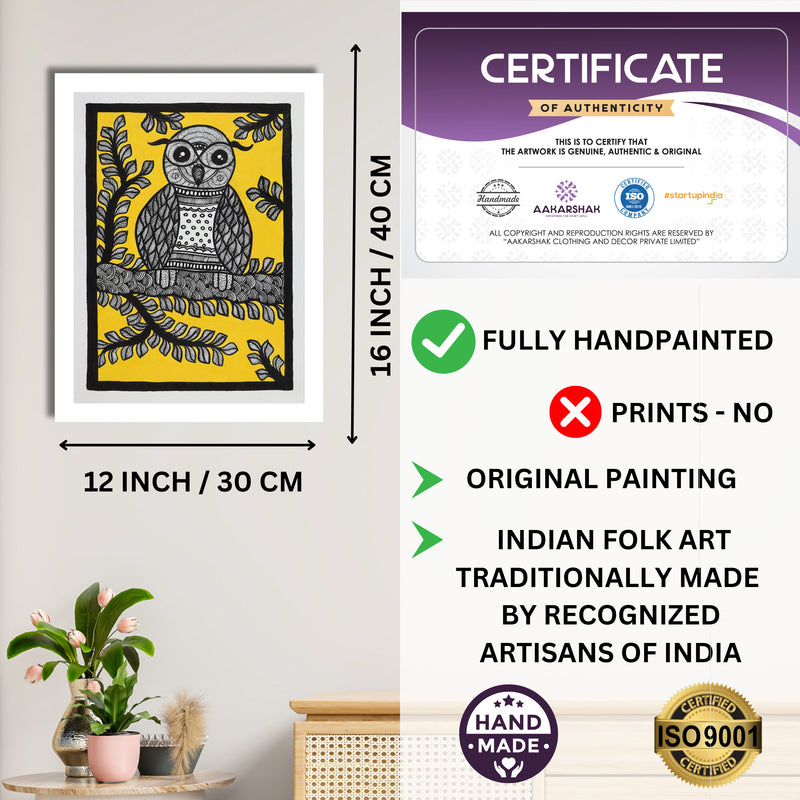 Framed artwork with dimensions, authenticity certificate and handmade iso certified-owl madhubani painting
