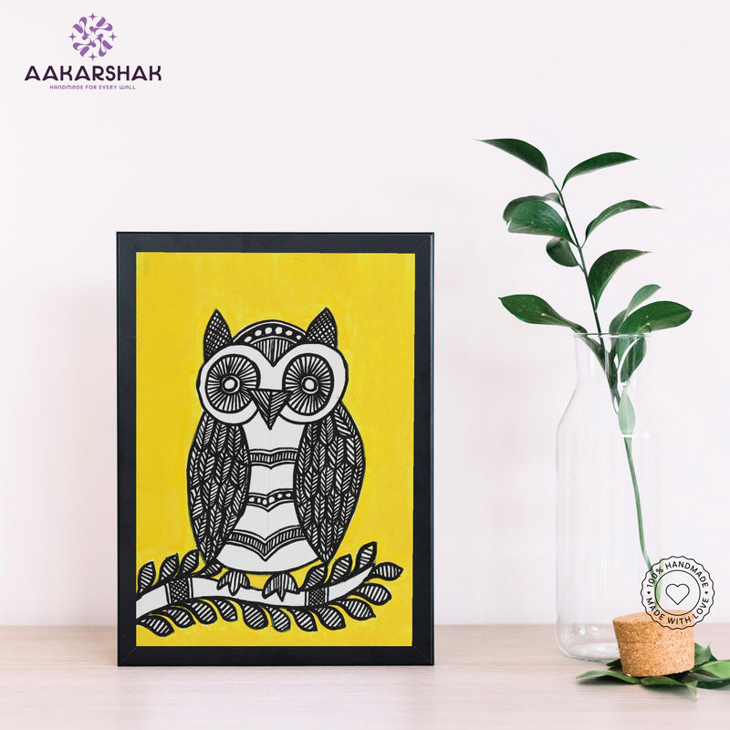 Handmade Madhubani owl painting-with tabletop stand for home decor