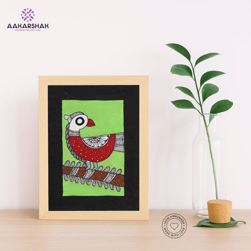 Handmade Madhubani peacock painting-with tabletop stand for home decor