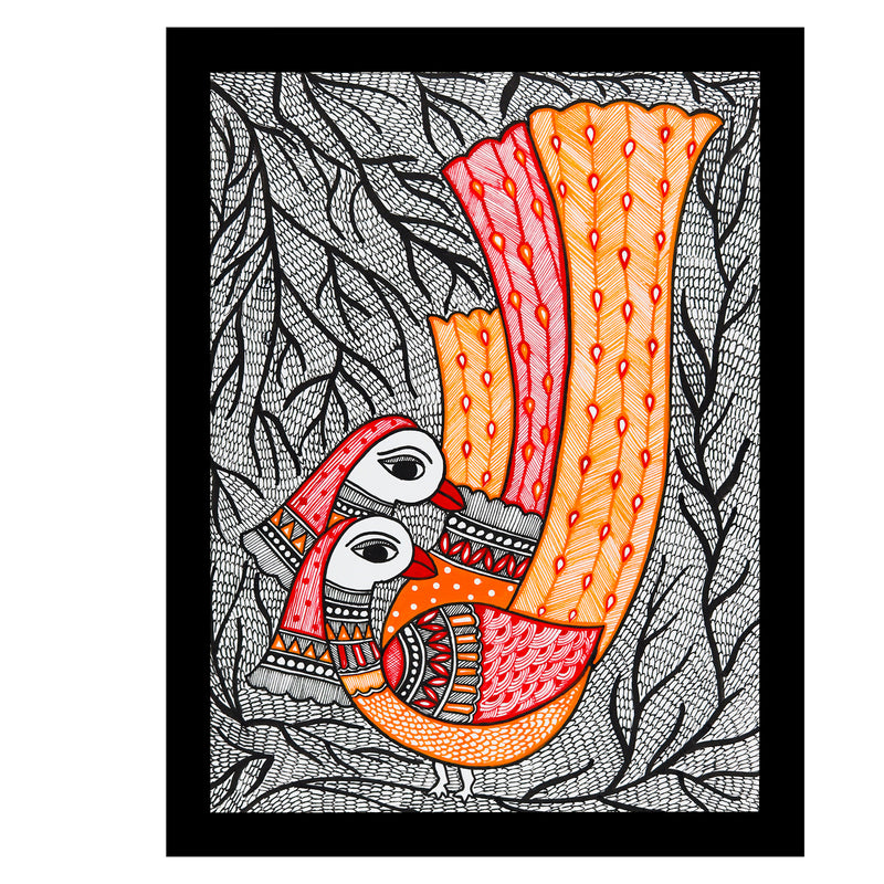 Framed artwork of a colorful peacock -with handmade madhubani painting