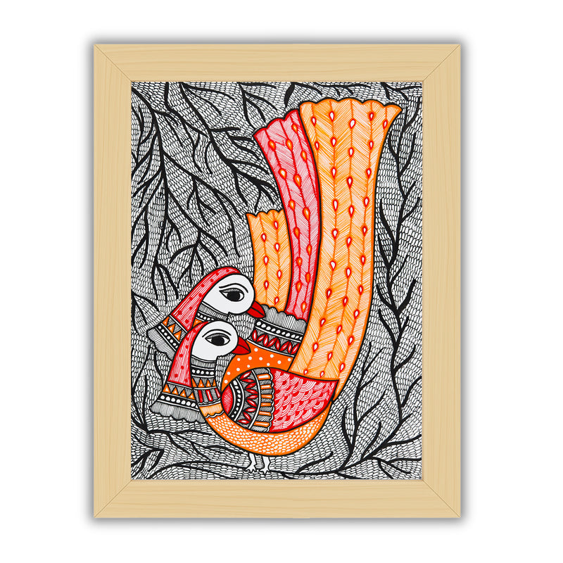 Framed artwork of a colorful peacock -with handmade madhubani painting