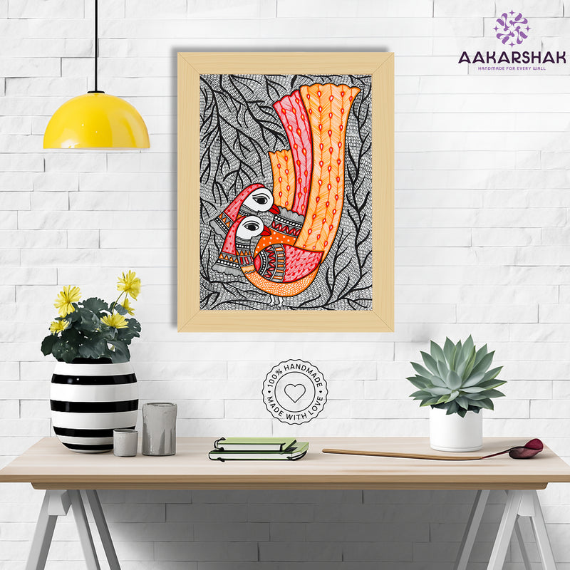 Framed artwork with peacock design -handmade madhubani painting for home decor
