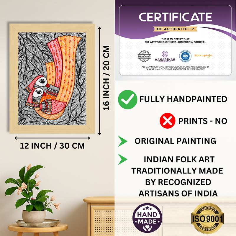 Framed artwork with dimensions, authenticity certificate and handmade iso certified-peacock madhubani painting