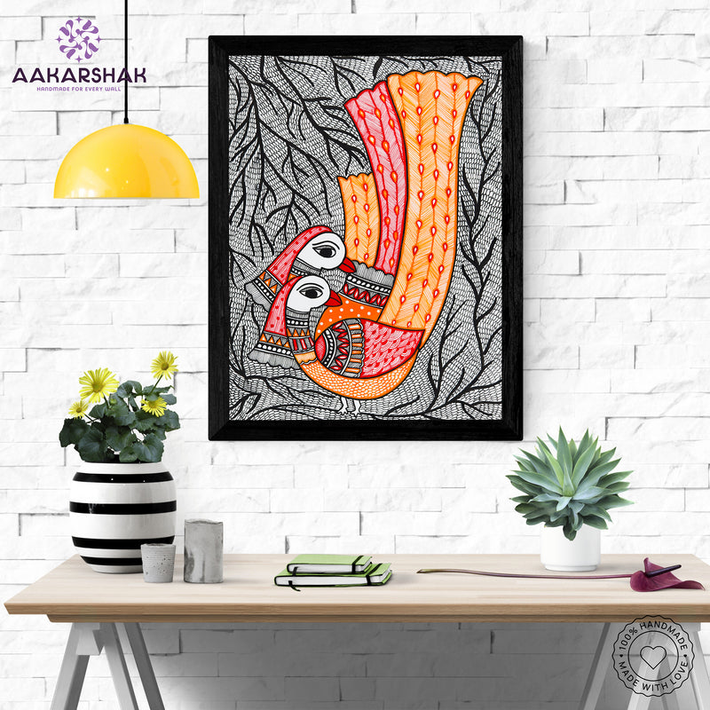 Framed artwork with peacock design -handmade madhubani painting for home decor