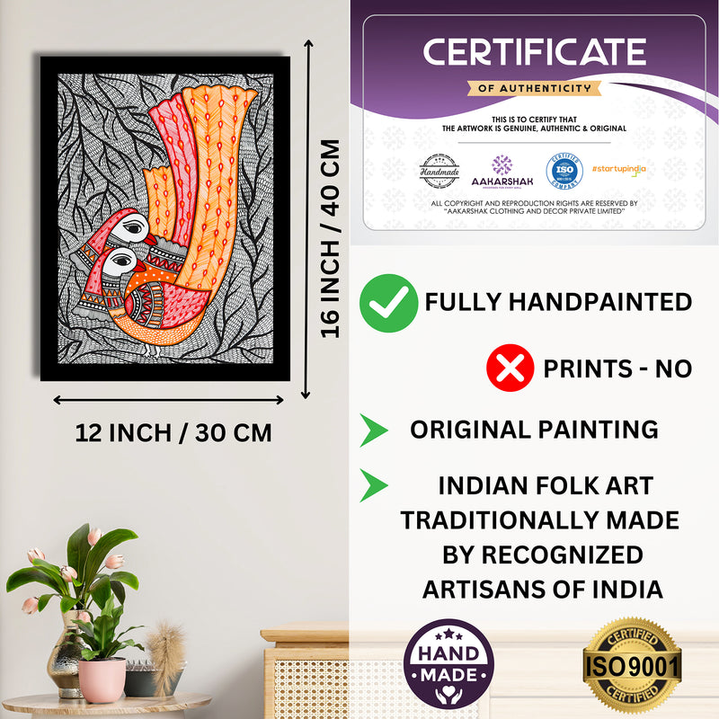 Framed artwork with dimensions, authenticity certificate and handmade iso certified-peacock madhubani painting