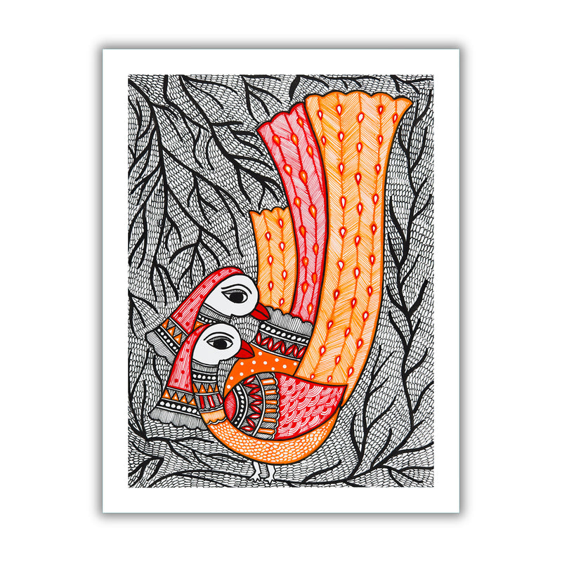 Framed artwork of a colorful peacock -with handmade madhubani painting