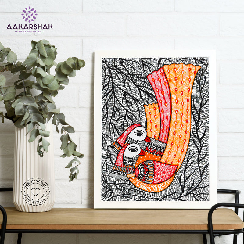 Framed artwork with peacock design -handmade madhubani painting for home decor