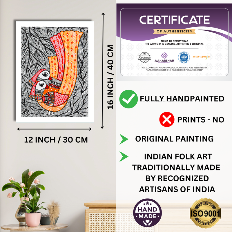 Framed artwork with dimensions, authenticity certificate and handmade iso certified-peacock madhubani painting