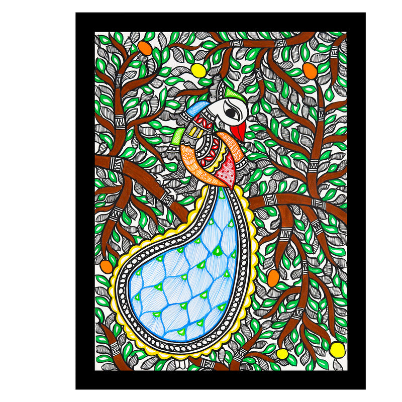Framed artwork of a colorful peacock -with handmade madhubani painting