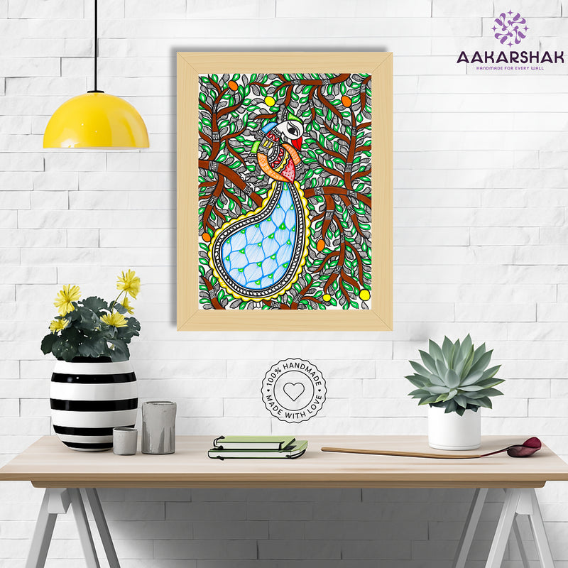 Framed artwork with peacock design -handmade madhubani painting for home decor