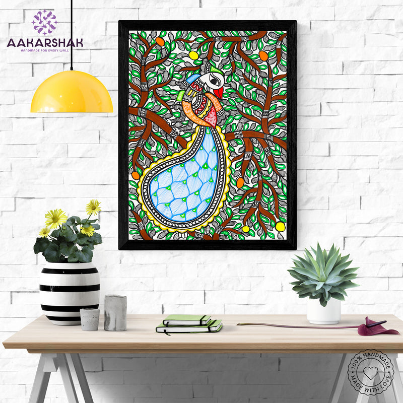 Framed artwork with peacock design -handmade madhubani painting for home decor