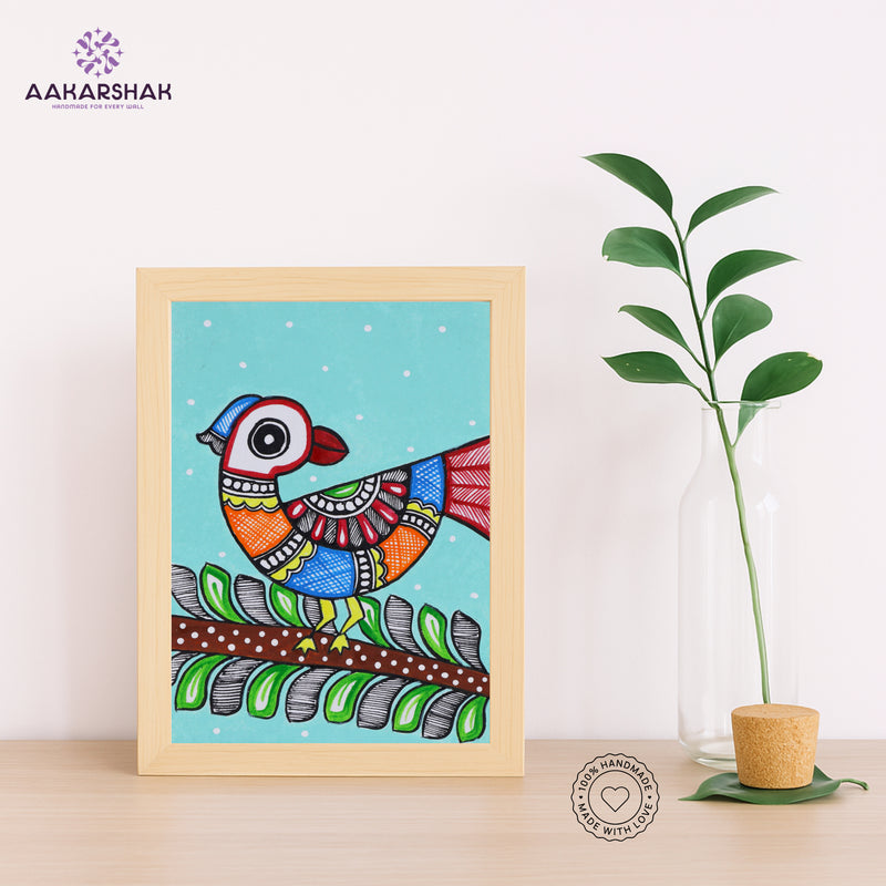 Handmade Madhubani peacock painting-with tabletop stand for home decor