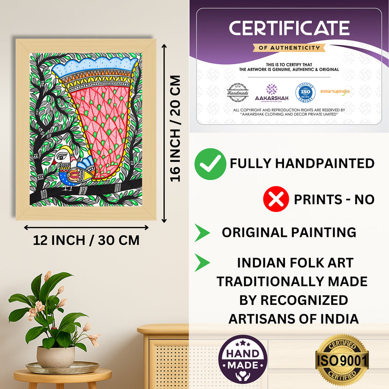 Handmade Dancing Peacock Madhubani Painting Wall Decor 12x16