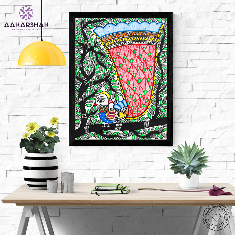 Handmade Dancing Peacock Madhubani Painting Wall Decor 12x16