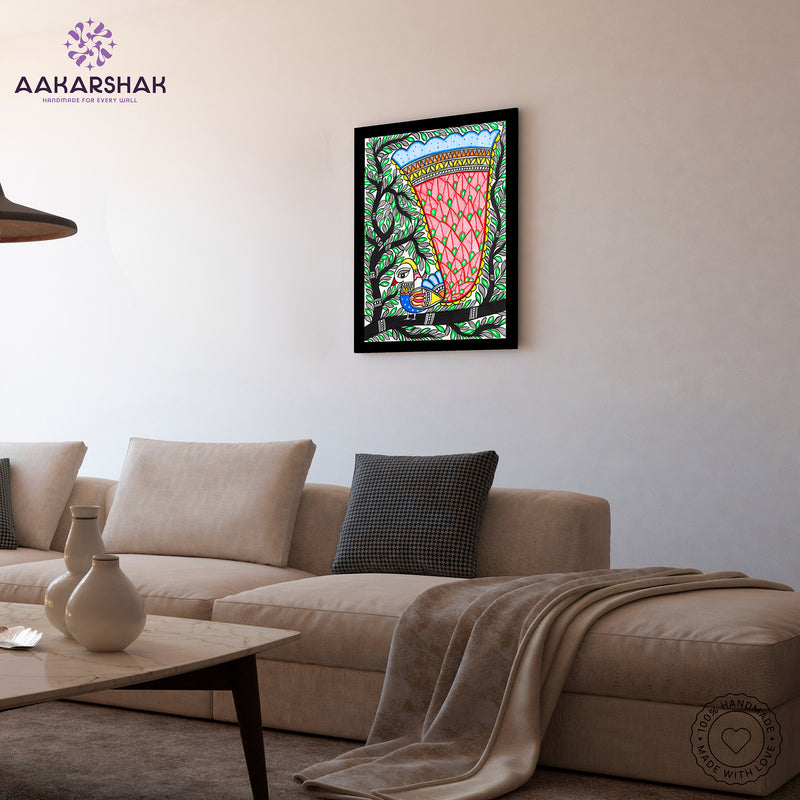 Handmade Dancing Peacock Madhubani Painting Wall Decor 12x16
