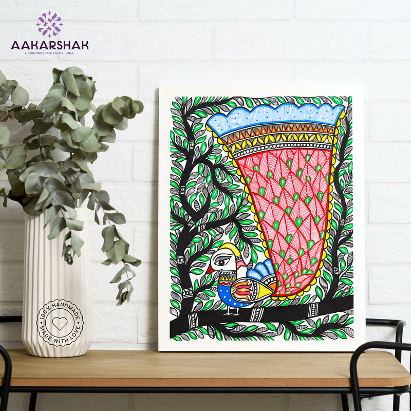 Handmade Dancing Peacock Madhubani Painting Wall Decor 12x16