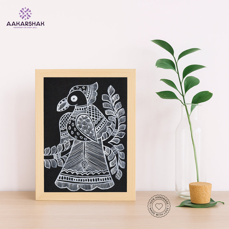 Handmade Madhubani peacock painting-with tabletop stand for home decor