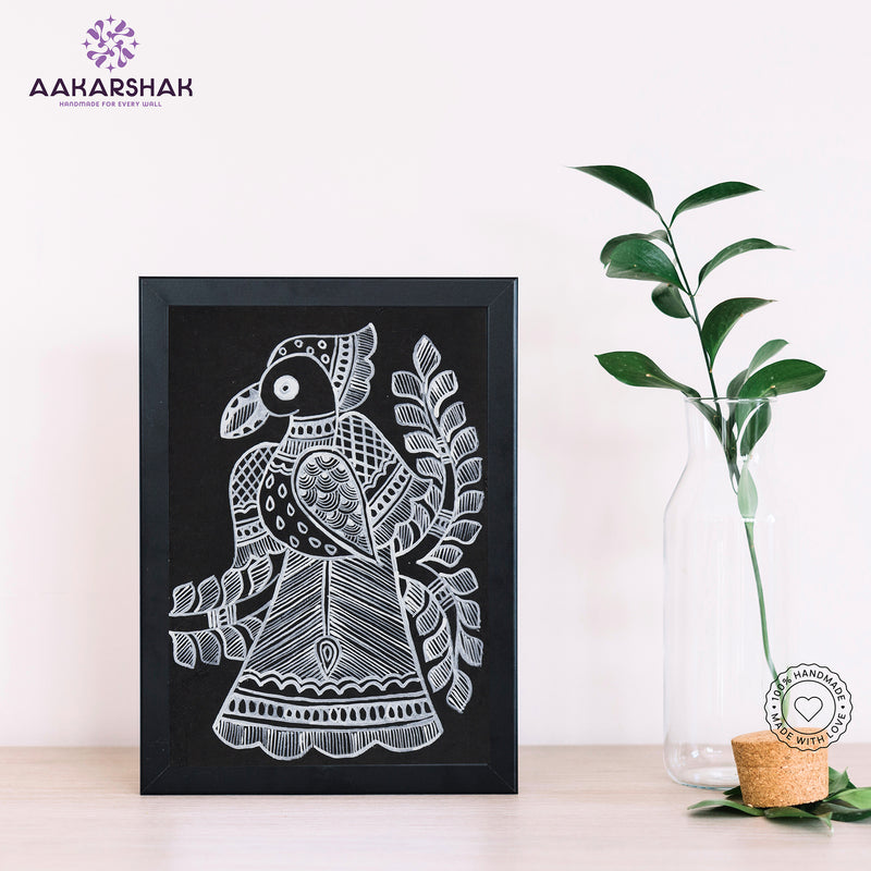 Handmade Madhubani peacock painting-with tabletop stand for home decor