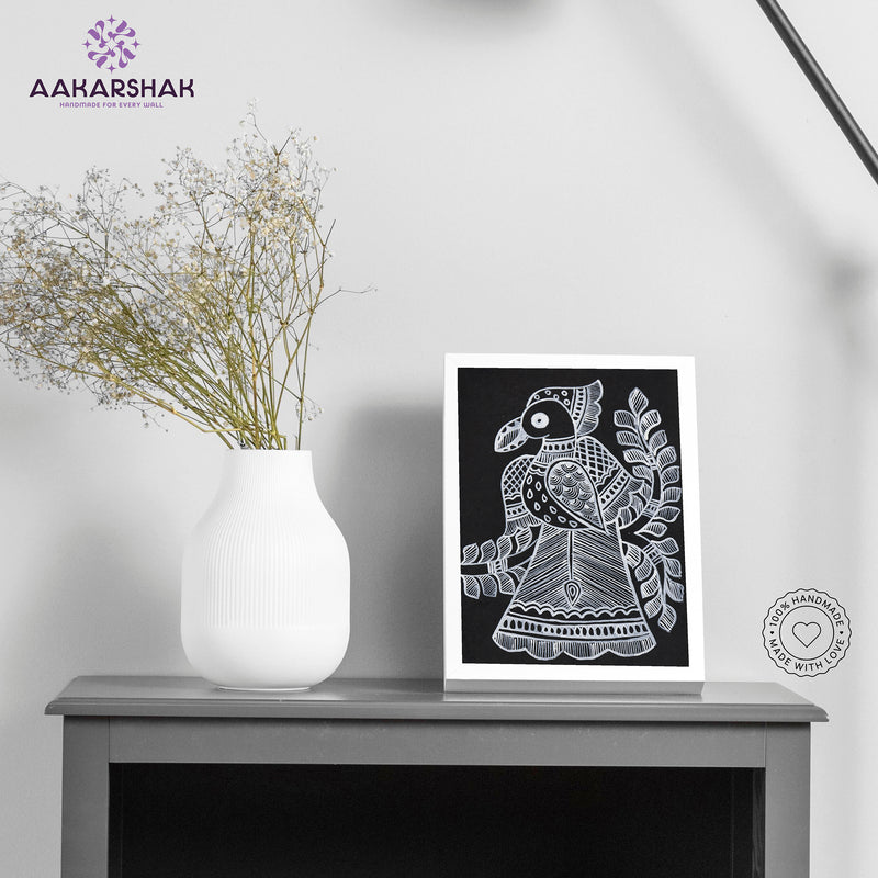 Handmade Madhubani peacock painting-with tabletop stand for home decor
