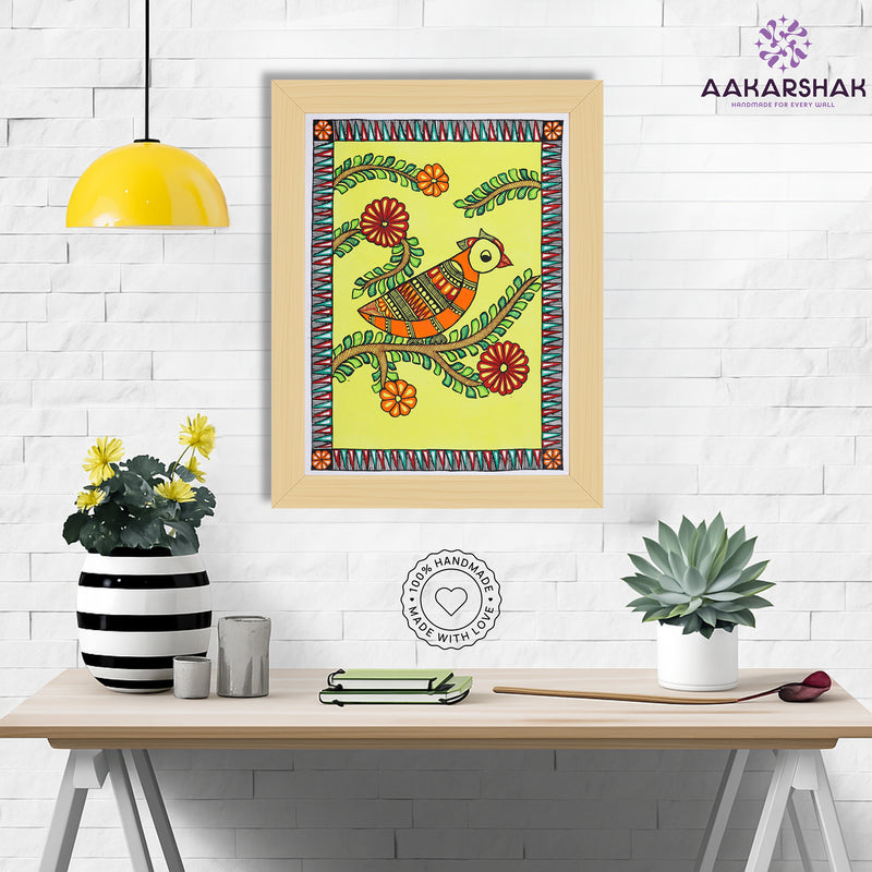 Framed artwork with peacock design -handmade madhubani painting for home decor