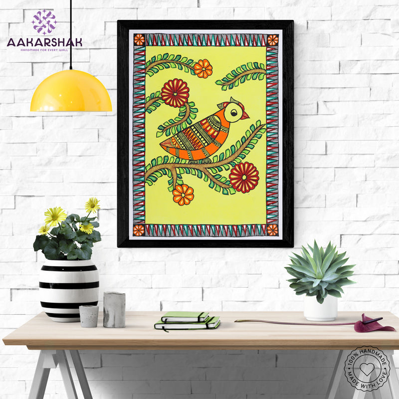 Framed artwork with peacock design -handmade madhubani painting for home decor