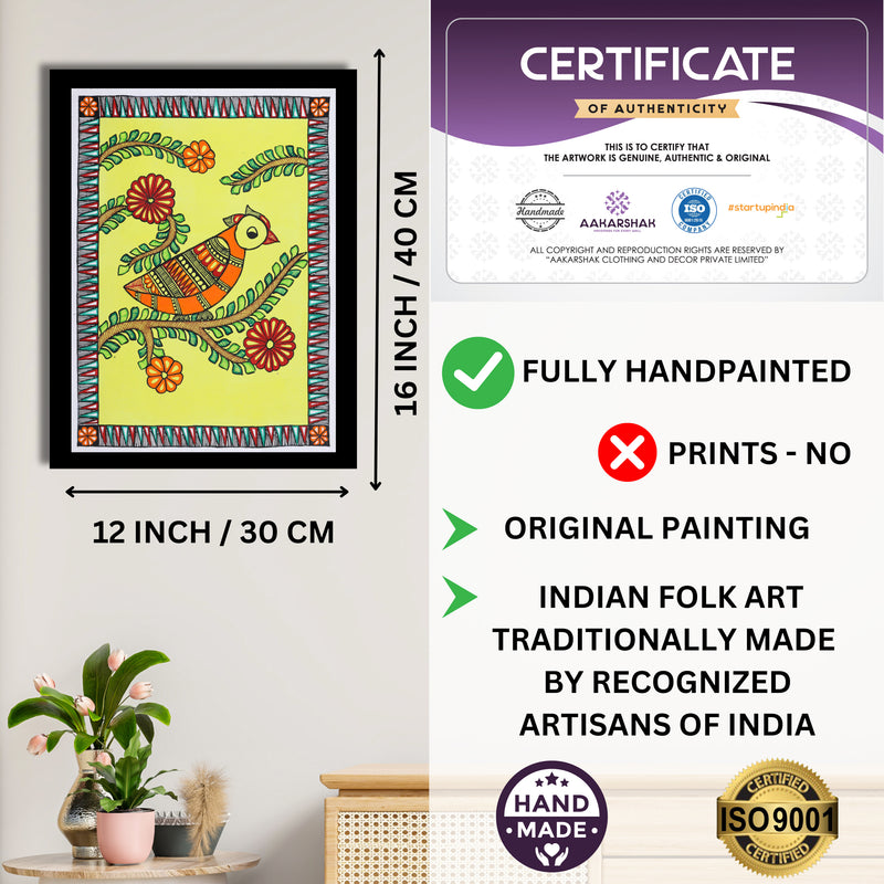 Framed artwork with dimensions, authenticity certificate and handmade iso certified-peacock madhubani painting