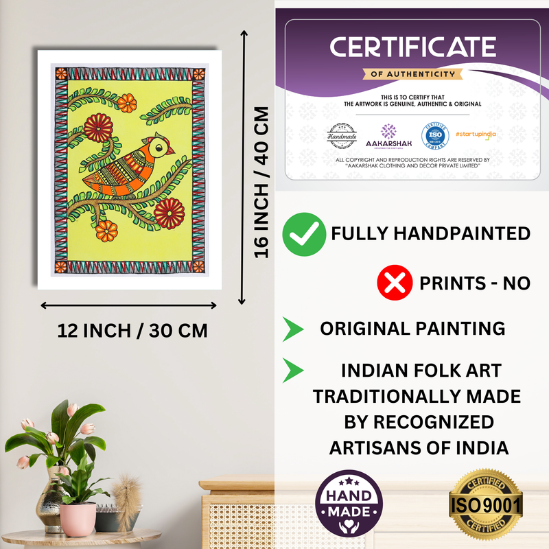 Framed artwork with dimensions, authenticity certificate and handmade iso certified-peacock madhubani painting