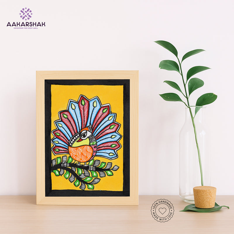 Handmade Madhubani peacock painting-with tabletop stand for home decor