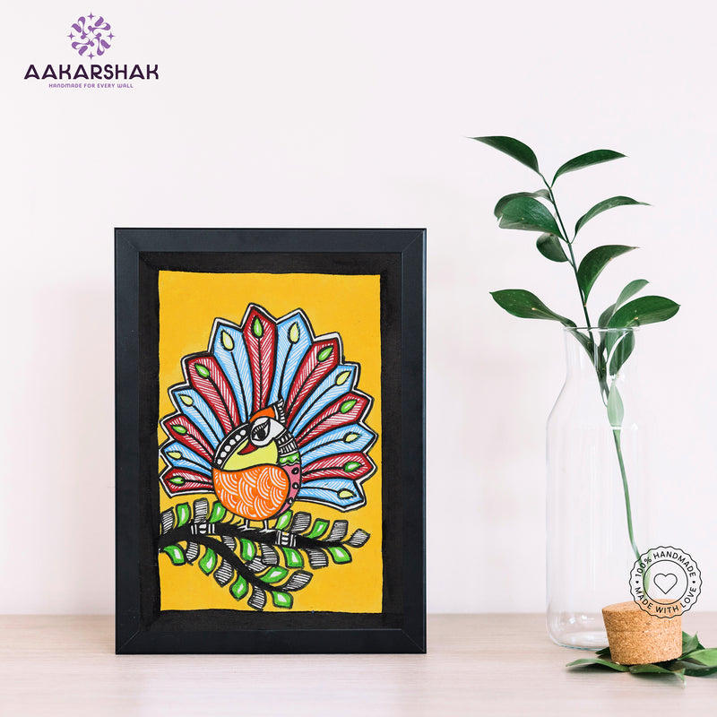 Handmade Madhubani peacock painting-with tabletop stand for home decor