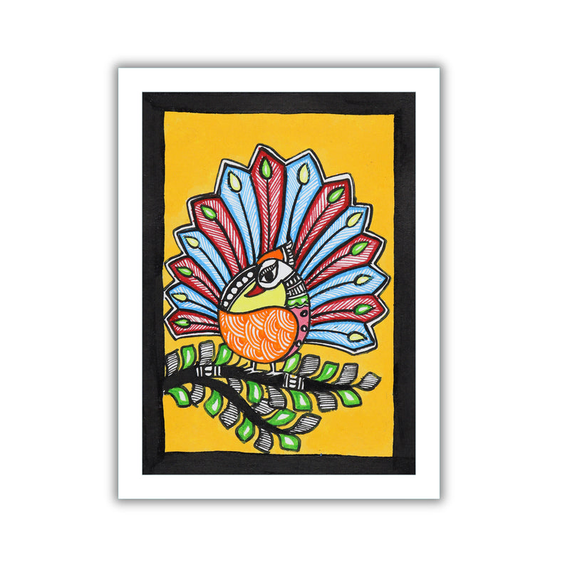 handmade madhubani painting peacock-in vibrant traditional folk art style
