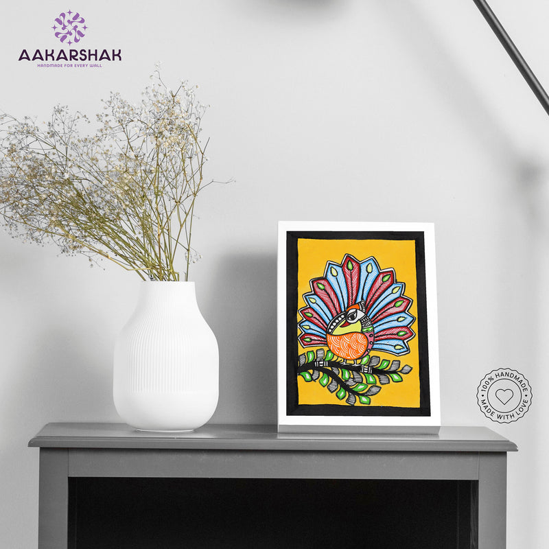 Handmade Madhubani peacock painting-with tabletop stand for home decor