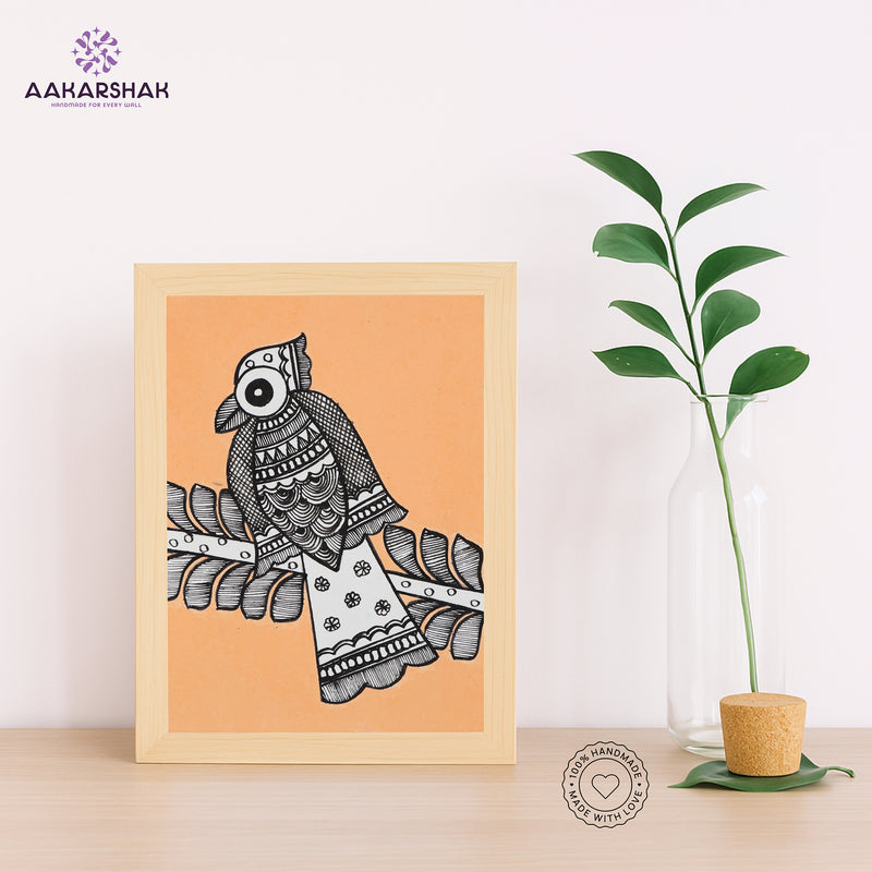 Handmade Madhubani peacock painting-with tabletop stand for home decor