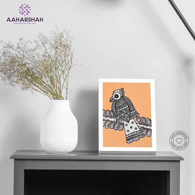 Handmade Madhubani peacock painting-with tabletop stand for home decor