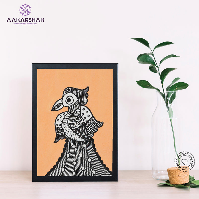 Handmade Madhubani peacock painting-with tabletop stand for home decor